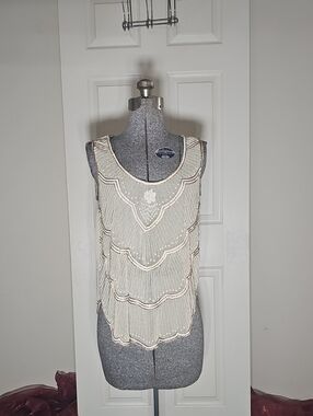 Sabine Cream Beaded Sequin Scalloped Flapper Tank Top Art Deco Mesh Size M